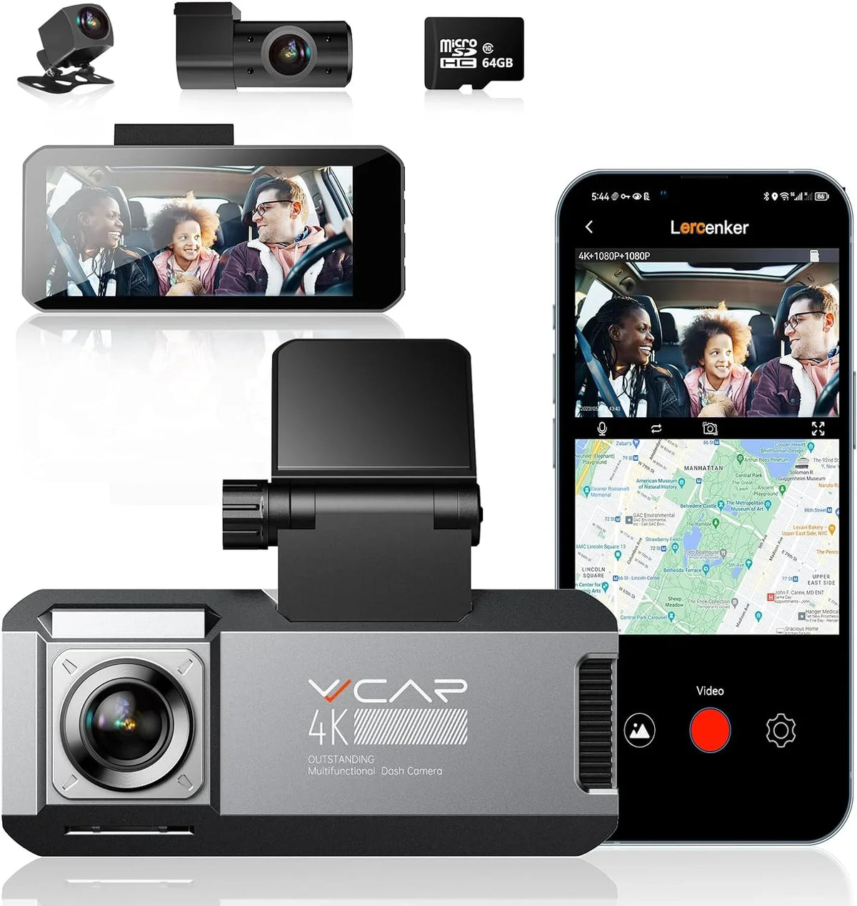 VVCAR R39 3 Channel 5K Dash Cam WiFi GPS with 64GB Card 3.99" IPS Front Inside Rear Car Dashboard Camera Recorder Parking Mode
