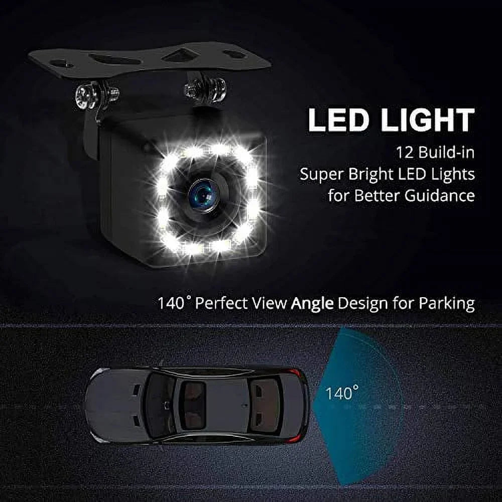 Car Backup Camera, Rear View Camera Ultra HD 12 LED Night Vision,Waterproof Reverse Camera 140 Wide View Angel with Multiple Mount Brackets for Universal Cars,SUV,Trucks,RV and More (HD)
