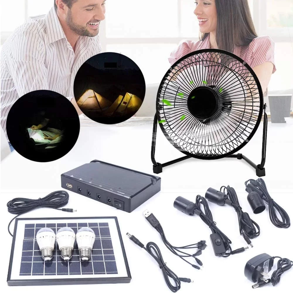 MONIPA Portable Solar Powered Panel+Fan+3x1W 12V Bulbs 8 Unit Solar Powered Fan, with Adapter for Ventilation Caravan Camping Home Office Outdoor Traveling Fishing