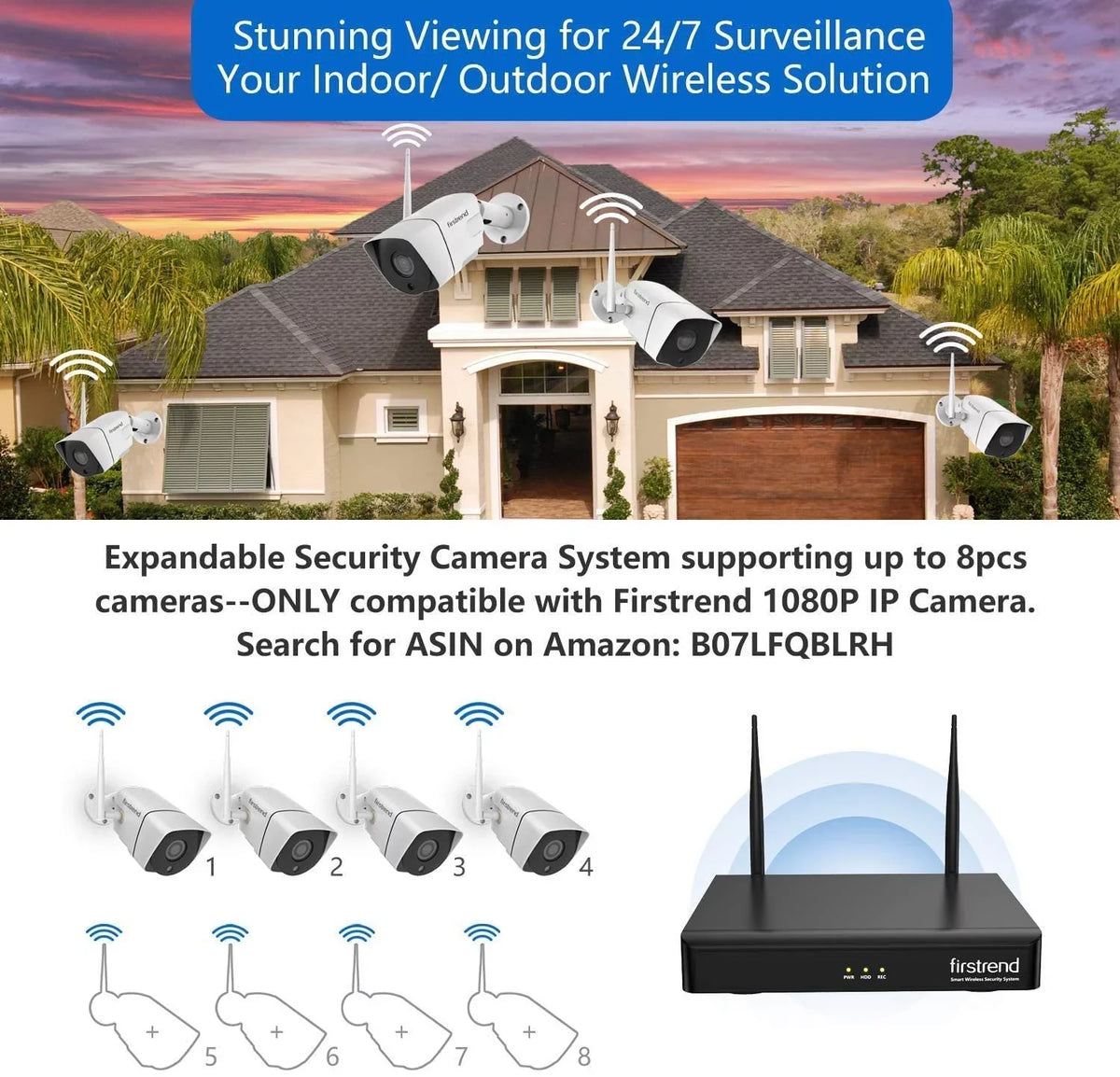 Security Camera System Wireless,Firstrend 1080P 8CH Wireless Home Security Systems with 4pcs 3MP Full HD Cameras 1TB HDD Night Vision Motion Detection Free App for Indoor Outdoor Video Surveillance
