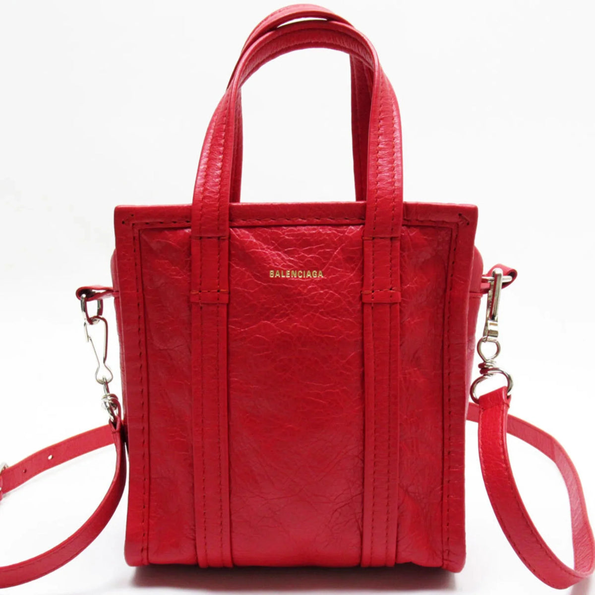 Pre-Owned BALENCIAGA Handbag Shoulder Bag Bazaar Shopper XXS Leather Red Silver Ladies (Good)