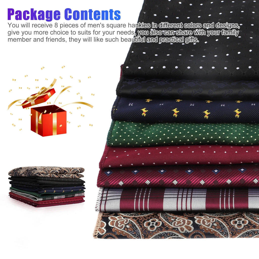 8PCS Men Silk Pocket Square Handkerchief Fashion Floral Dot Hanky Party Wedding