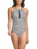 CALVIN KLEIN Women's Midnight Printed Stretch Tummy Control HALTER NECKLINE REMOVABLE CUPS Full Coverage UV Protection One Piece Swimsuit 14