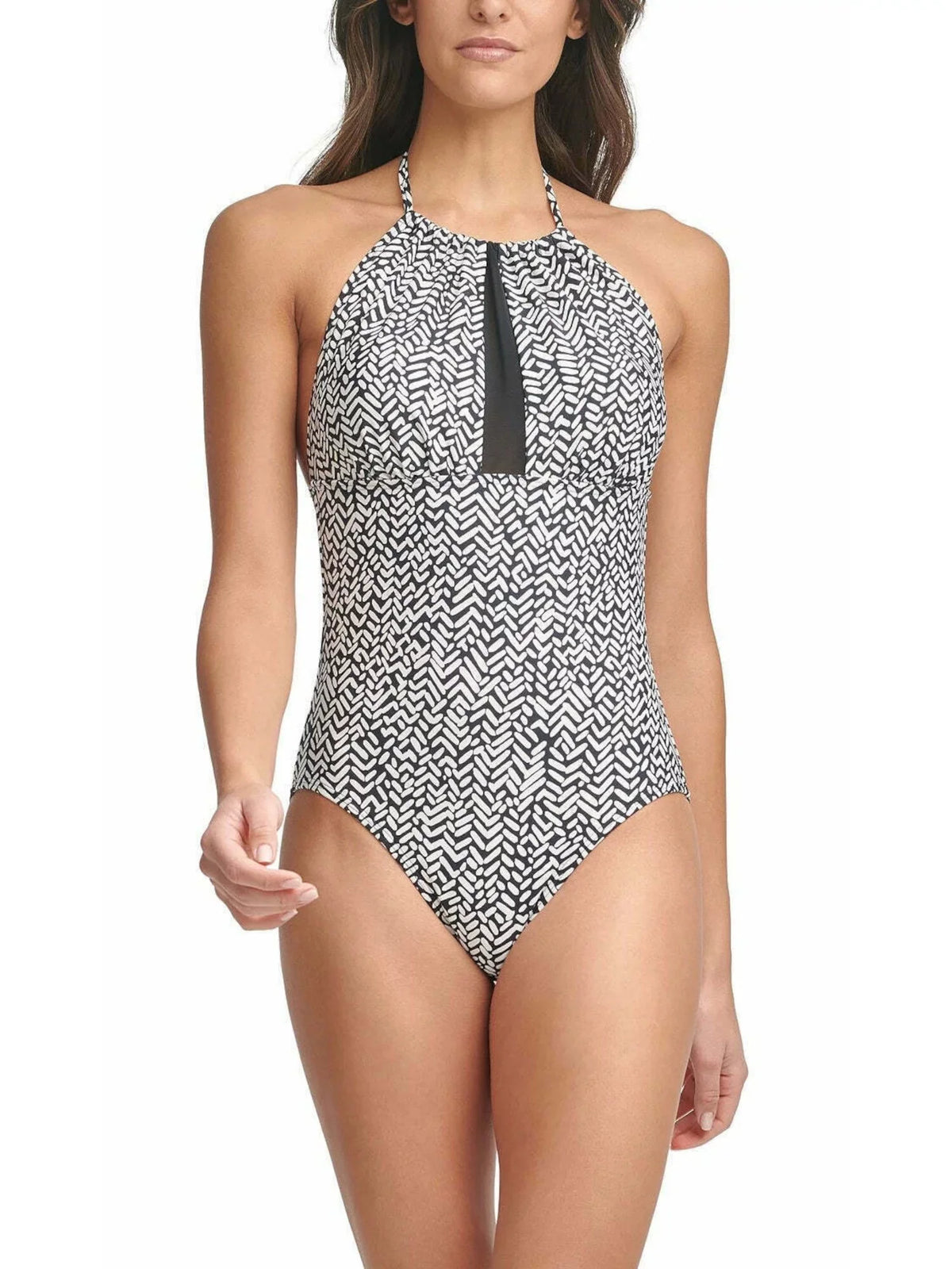 CALVIN KLEIN Women's Midnight Printed Stretch Tummy Control HALTER NECKLINE REMOVABLE CUPS Full Coverage UV Protection One Piece Swimsuit 14