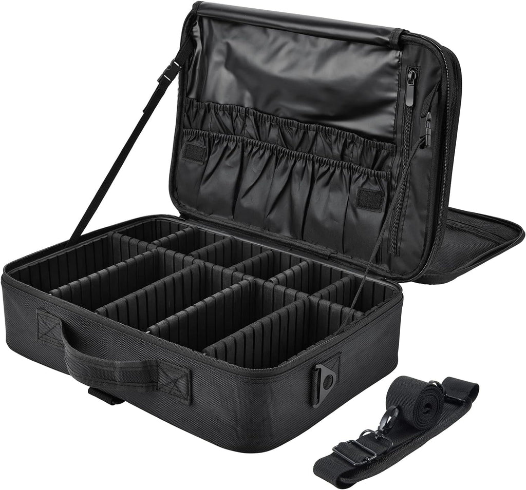 Extra Large Travel Makeup Bag Cosmetic Case Organizer Beauty Train Case with Shoulder Strap and Dividers Compartment, Dark