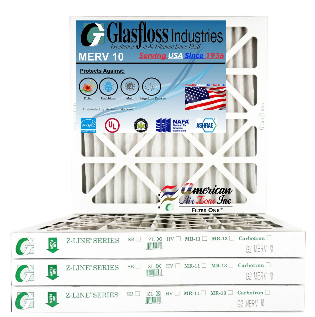 Glasfloss Air Filter 20x22x2 - 2" MERV 10 - (Pack of 4) - Pleated AC or HVAC Air Filter - Furnace Air Filter - Home or Office - Made In The USA.