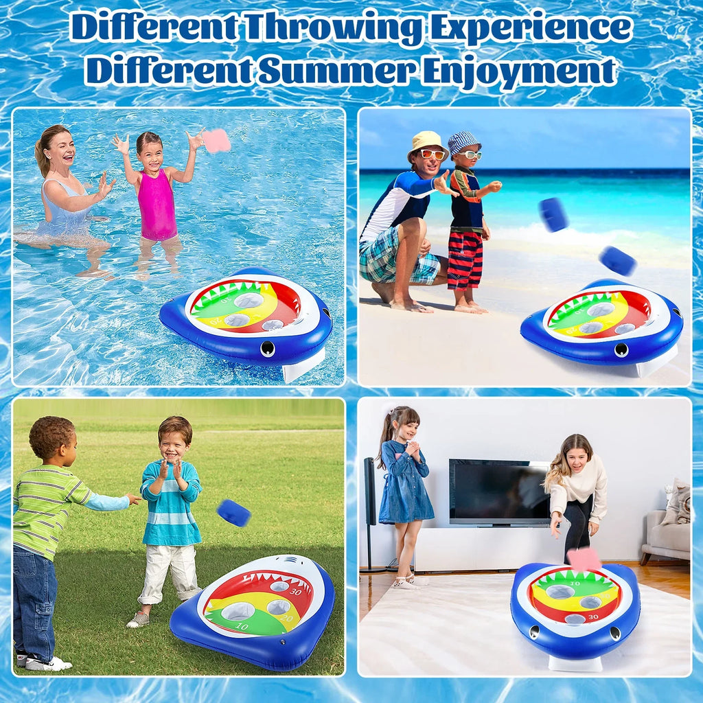 MoKo Pool Shark Ring Toss Games Toys with 8 Sandbag, Summer Inflatable Floating Toy for Kids Adults Family Party Water Carnival, Blue