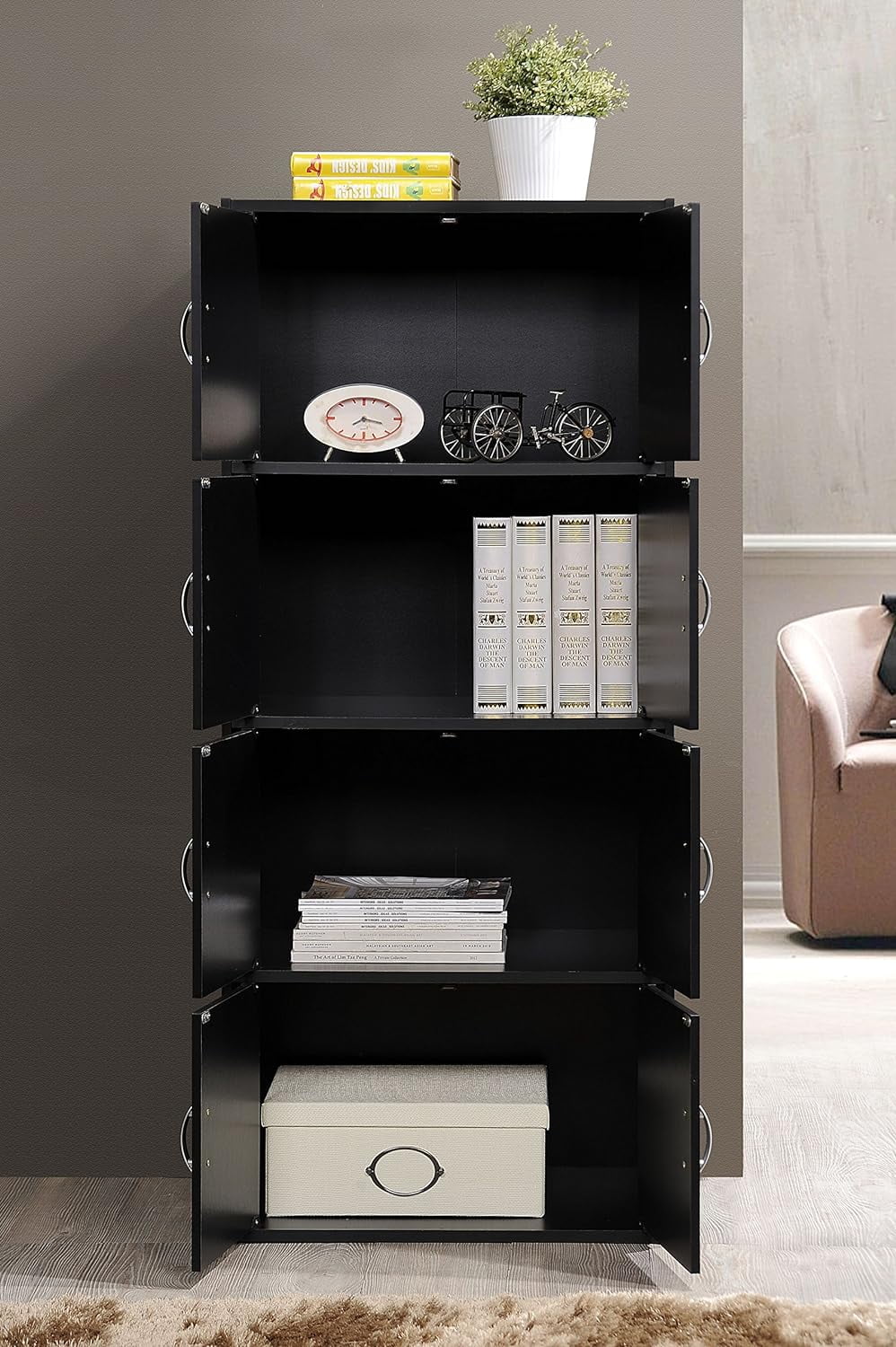 HID44 8 Door 4 Shelf Modern Wooden Heavy Duty Floor Mount Multipurpose Storage Bookcase Cabinet with Installation Hardware, Midnight