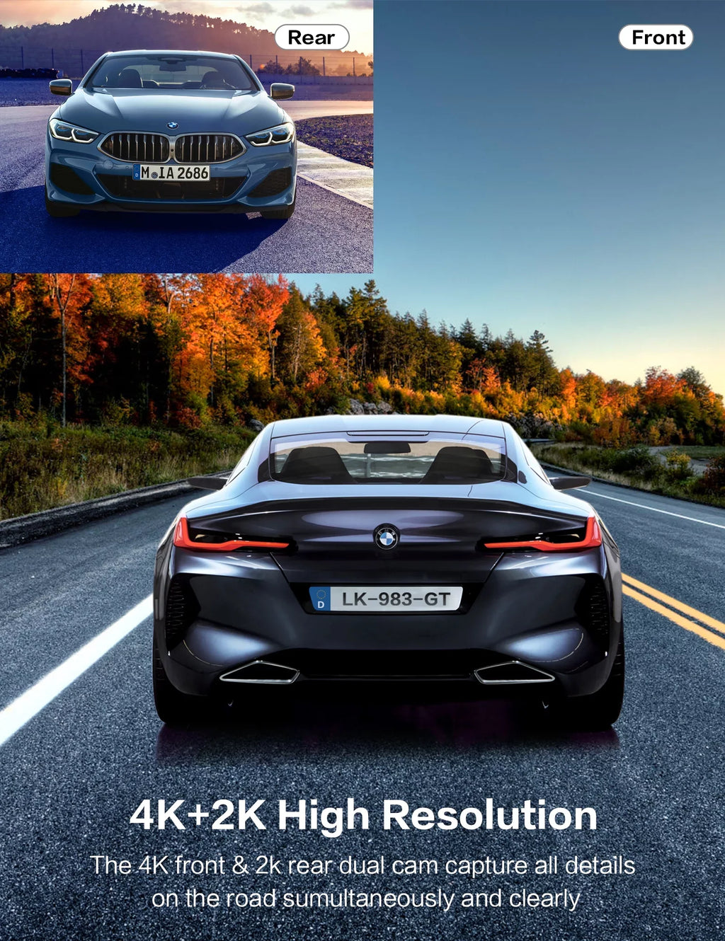 Ricilar Front 4K Rear 2K Full Hd Car Dash Camera with Built in Wifi, Gps, Ultra Hd 2" Ips Screen, 170° and 140° Wide Angle Camera, Wdr, Night Vision, Gravity Sensor, 24 Hour Parking Mode