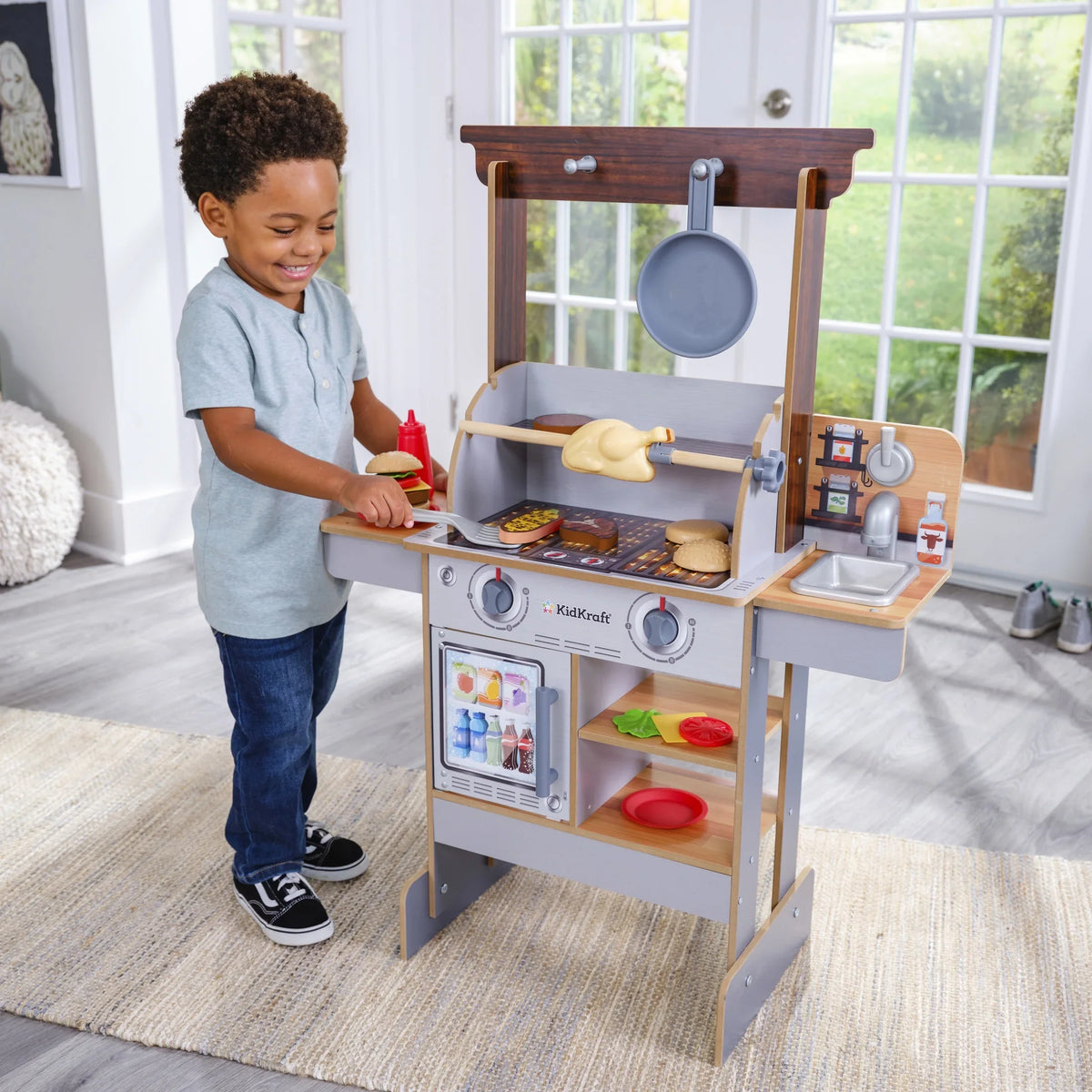 KidKraft Spin & Reveal Wooden Grill & Play Kitchen with Water-Reveal Food & 21 Accessories