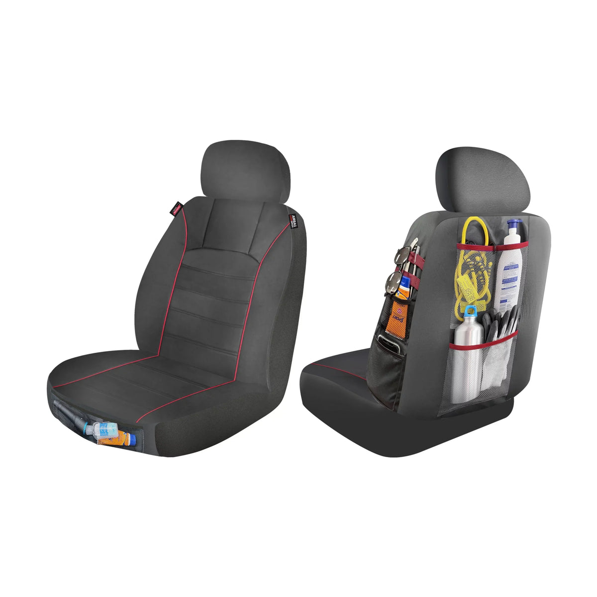 Genuine Dickies 2 Piece Universal Front Car Seat Covers with Storage - Midnight and Red, 43156WDI