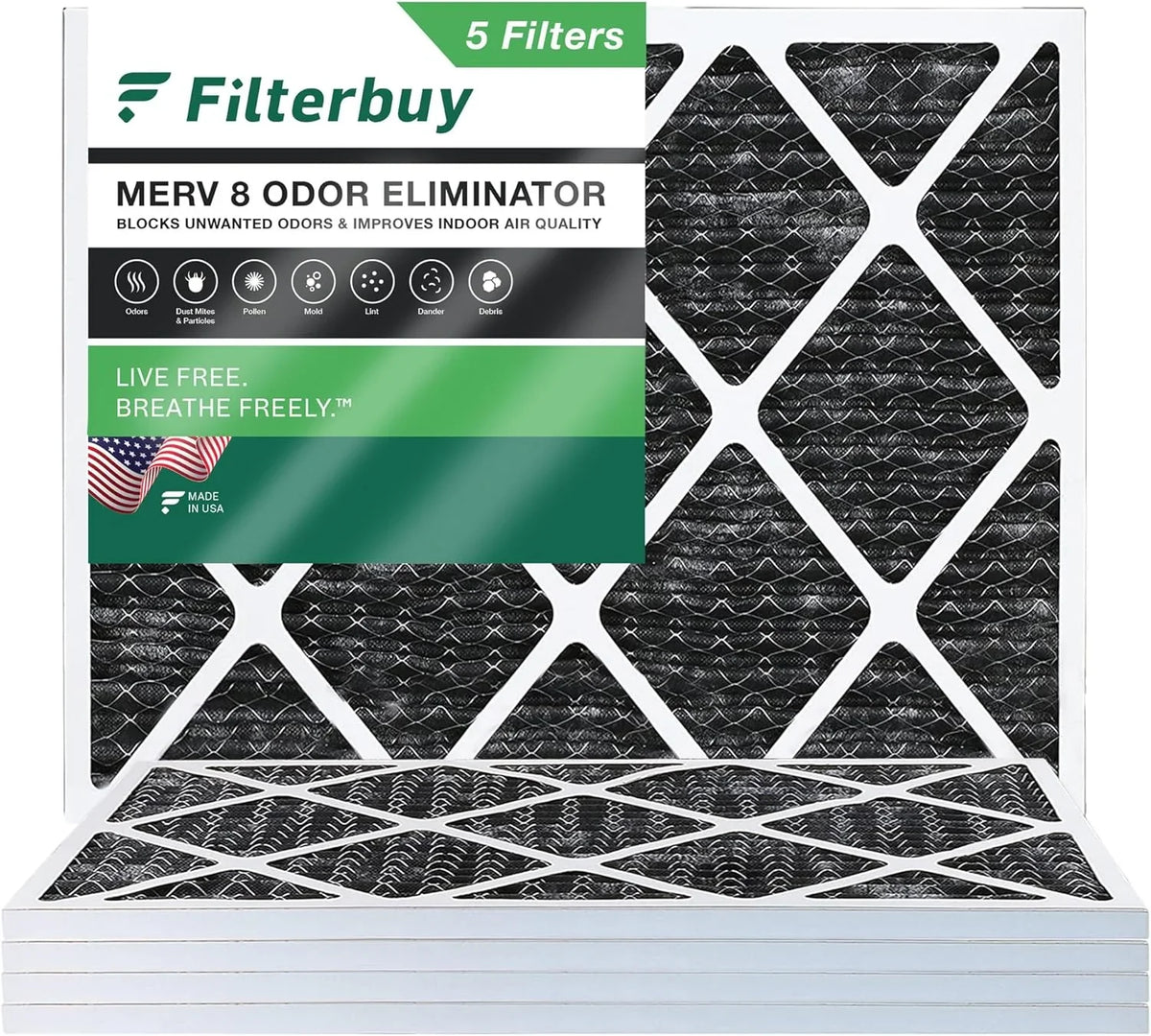 Filterbuy 24x30x1 MERV 8 Odor Eliminator Pleated HVAC AC Furnace Air Filters with Activated Carbon (5-Pack)