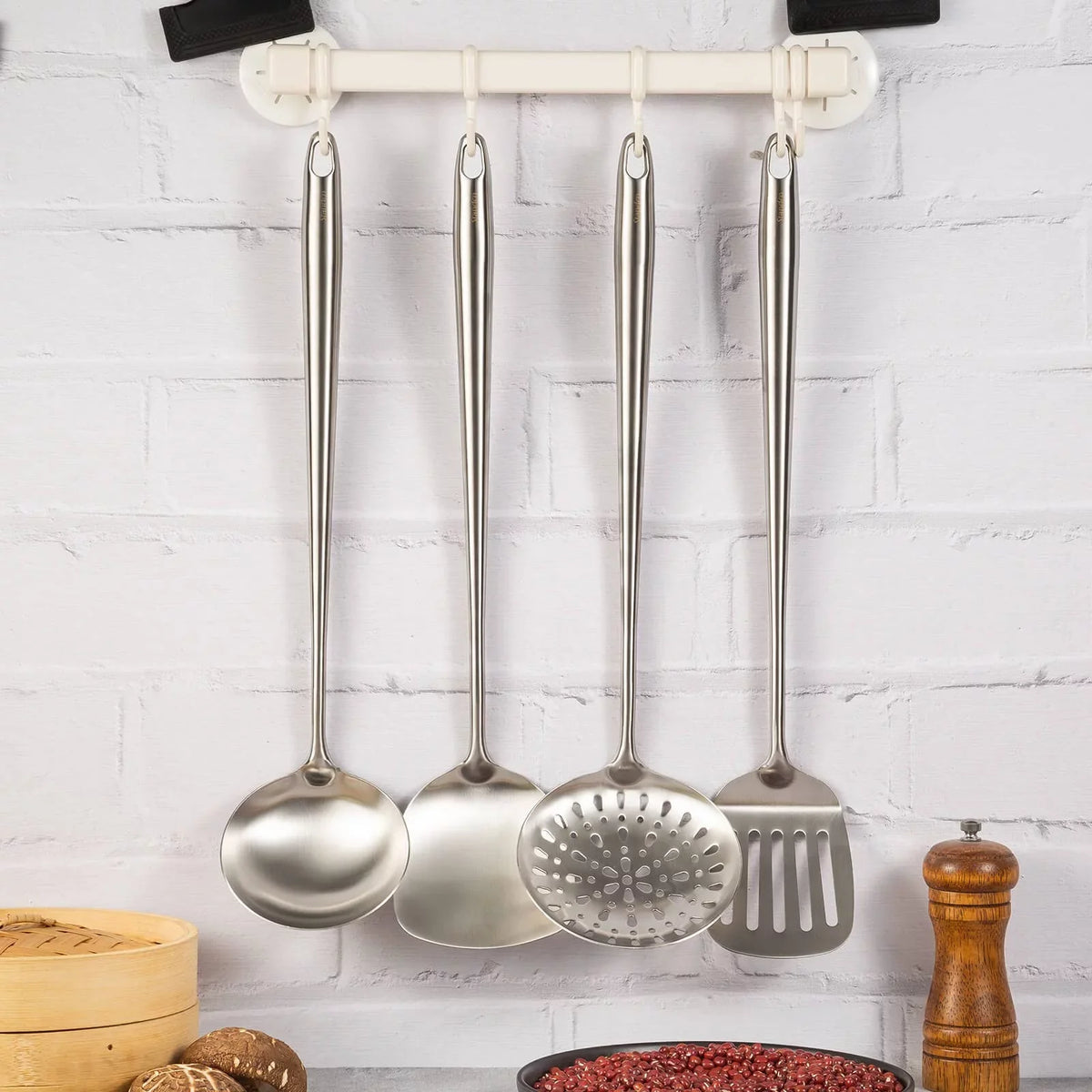 Stiwee 2024 Newest Sale Cooking Equipment Cooker Unit Wok Spatula And Ladle Skimmer Spoon Slotted Spatula 304 Stainless Steel Kitchen Utensils Set 4Pieces All Metal Extra Long Handle Cooking Tools