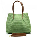 Italian Artisan Irina Made of Raffia & Leather Double Handle Handbag , Light Green - Medium