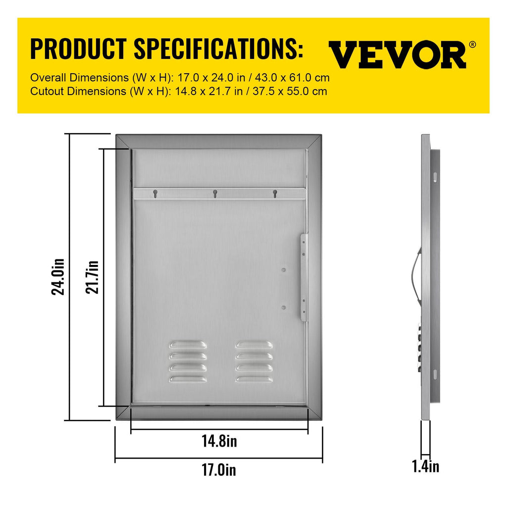 BBQ Access Door 17x24 Centimeter Stainless Steel Single Vertical Island Door with Vents for Storage
