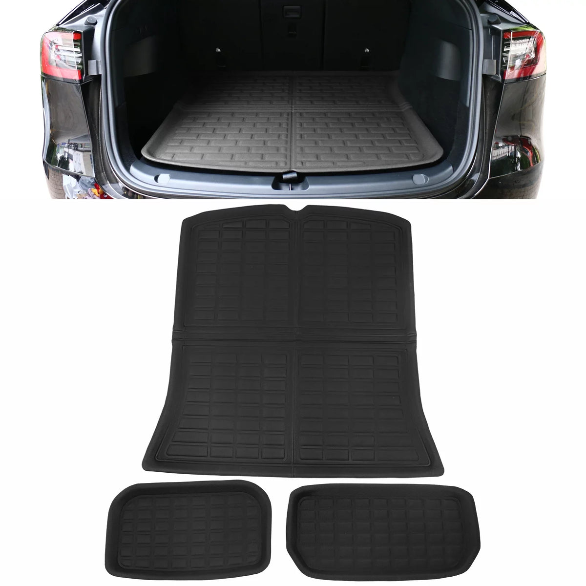 Ikon Motorsports Trunk Mats Cargo Liner Compatible with 2020-2023 Tesla Model Y, Onyx TPE 3D Molded Waterproof Anti-Slip Frunk Trunk Under Cargo Storage Liner Mat Interior Accessories 3PCS