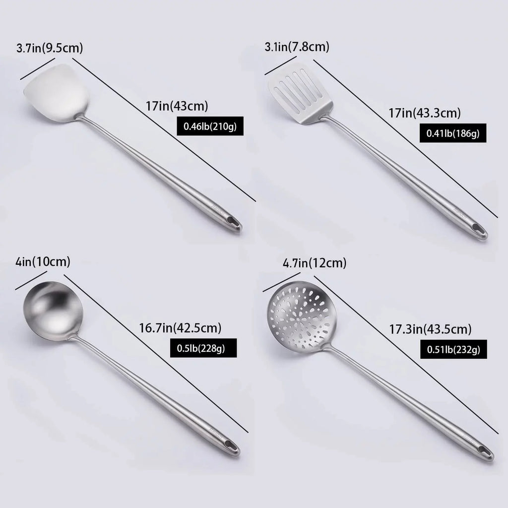 Stiwee 2024 Newest Sale Cooking Equipment Cooker Unit Wok Spatula And Ladle Skimmer Spoon Slotted Spatula 304 Stainless Steel Kitchen Utensils Set 4Pieces All Metal Extra Long Handle Cooking Tools
