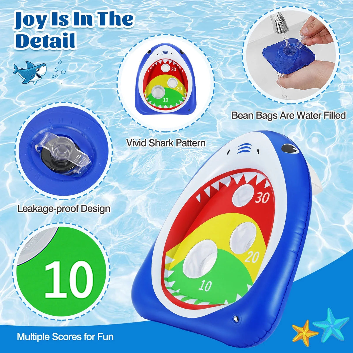 MoKo Pool Shark Ring Toss Games Toys with 8 Sandbag, Summer Inflatable Floating Toy for Kids Adults Family Party Water Carnival, Blue
