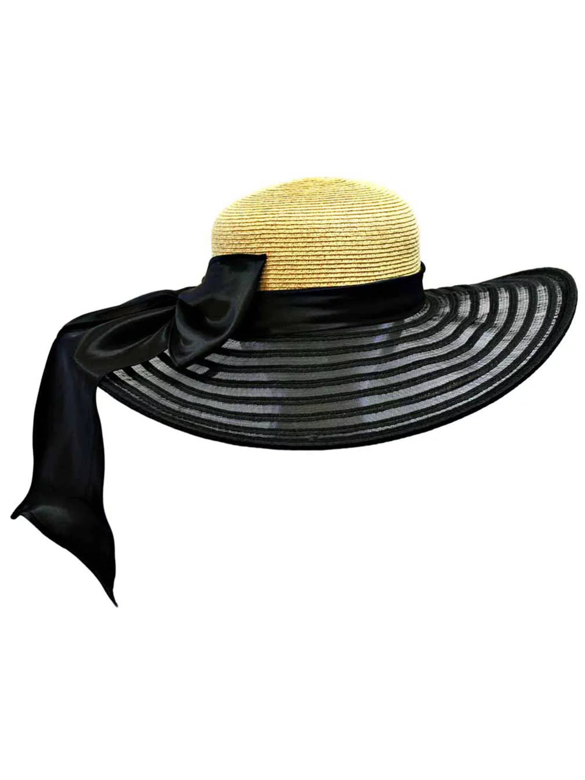 Wheat & Charcoal Wide Brim Floppy Hat Large With Satin Bow