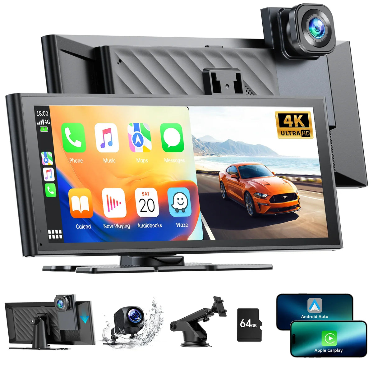 TOGUARD Apple Car Play Wireless Car Stereo with 4K Front and Rear Dash Cam, 9.26" Touch Screen, Carplay Car Radio, Android Auto, 1080P Rear View Camera/Loop Recording/GPS Navigation/Mirror Link