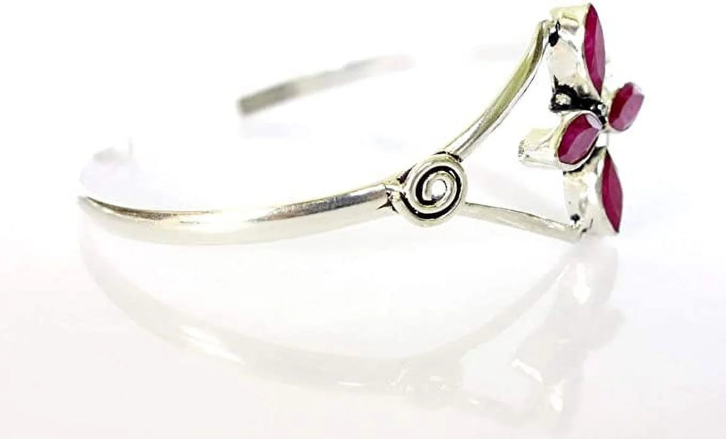 Silver Plated Cuff Bracelet for Women, Natural Red Ruby Gemstone Handmade Modern Designer Tribal Bohemian Design Fashion Bracelet, Party Boho Jewelry