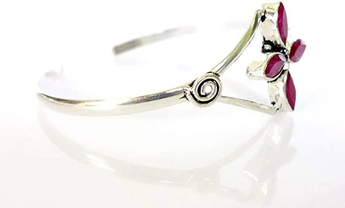 Silver Plated Cuff Bracelet for Women, Natural Red Ruby Gemstone Handmade Modern Designer Tribal Bohemian Design Fashion Bracelet, Party Boho Jewelry