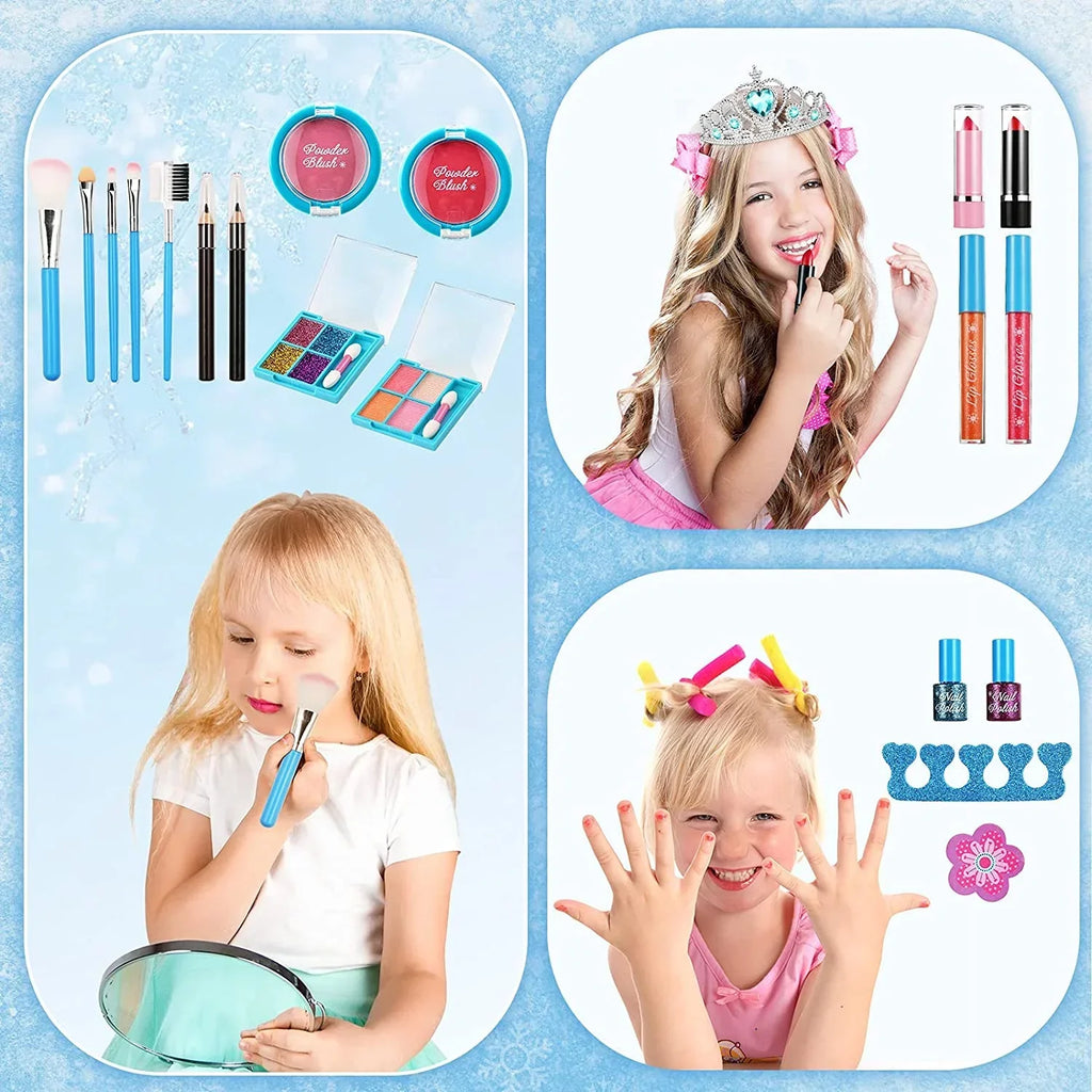 Kids Makeup Kit for Girls, 24 Pcs Washable Makeup Kit Real Cosmetic Toy with Bag, Safe & Non-Toxic Frozen Makeup Set for Princess, Toddler Makeup Set Kids Toys for 3-12 Years Old Girls Gift (Blue)