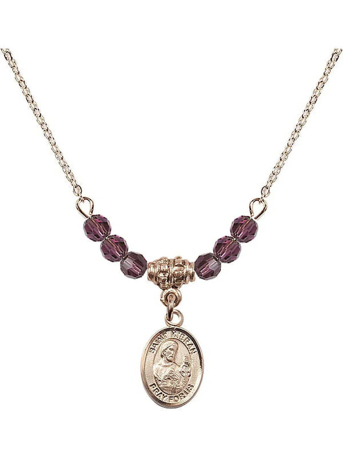 Inch Hamilton Gold Plated Necklace with 4mm Purple February Birth Month Stone Beads and Saint Kieran Charm