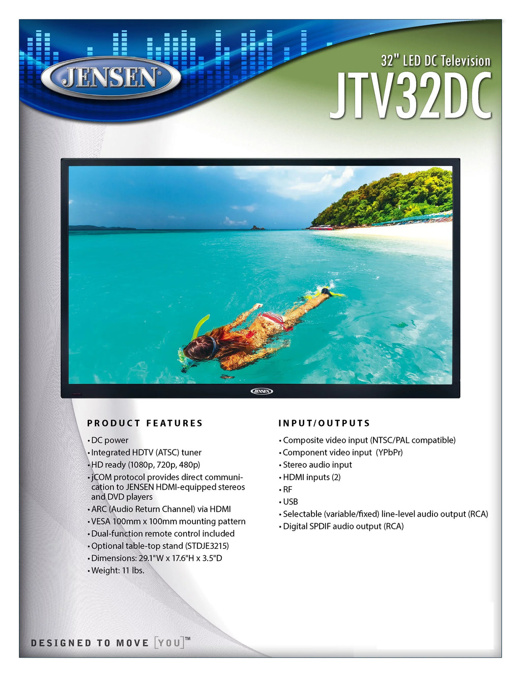 JENSEN JTV32DC HD Ready 32" Unit LED TV with Integrated HDTV (ATSC) Tuner, HD ready (1080p, 720p, 480p), 12V DC, specially built for Boats, Yacht, RV Recreational Vehicle, Trailer, Camper, Motor Home