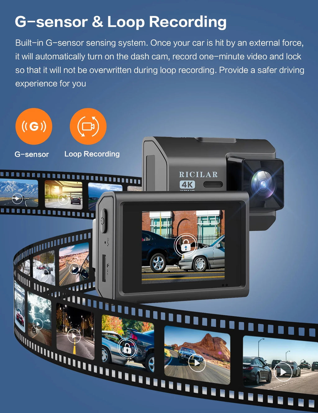 Ricilar Front 4K Rear 2K Full Hd Car Dash Camera with Built in Wifi, Gps, Ultra Hd 2" Ips Screen, 170° and 140° Wide Angle Camera, Wdr, Night Vision, Gravity Sensor, 24 Hour Parking Mode