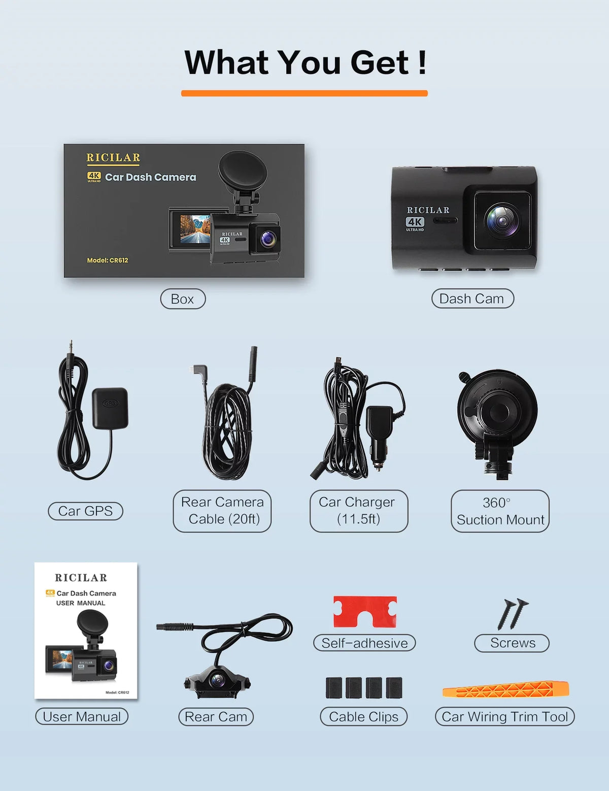Ricilar Front 4K Rear 2K Full Hd Car Dash Camera with Built in Wifi, Gps, Ultra Hd 2" Ips Screen, 170° and 140° Wide Angle Camera, Wdr, Night Vision, Gravity Sensor, 24 Hour Parking Mode