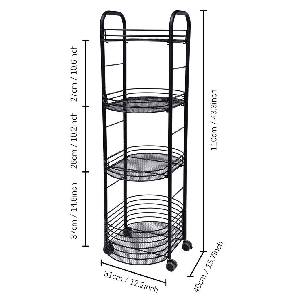 4 Tier Rolling Cart, Kitchen Storage Organizer Utility Cart, Metal Basket Storage Art Trolley Carts with Wheels, Dark