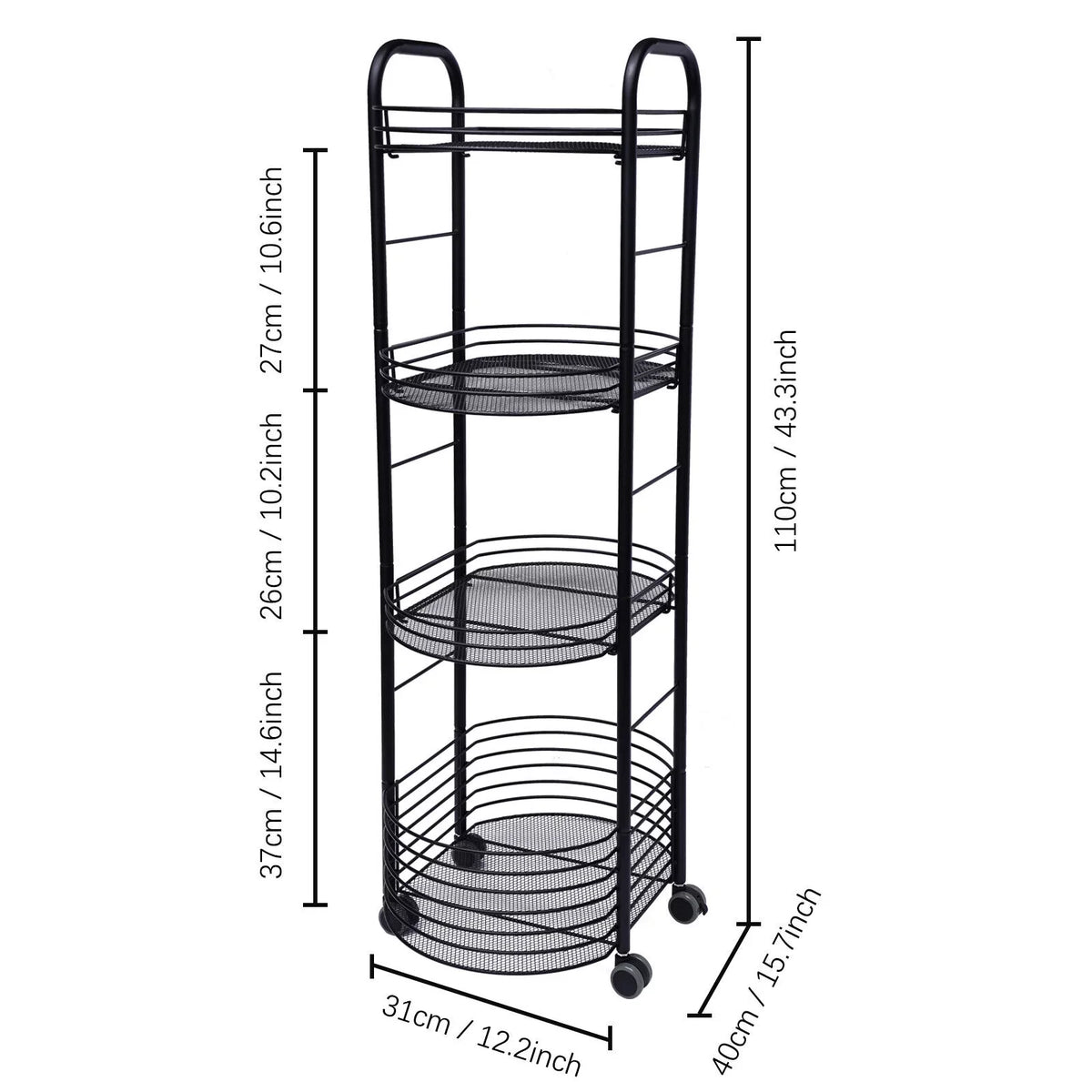 4 Tier Rolling Cart, Kitchen Storage Organizer Utility Cart, Metal Basket Storage Art Trolley Carts with Wheels, Dark