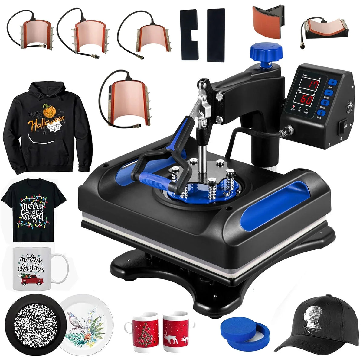 Blue Heat Press Machine 8 in 1, 15 x 15 Unit Sublimation Transfer Printer, Digital Precise LCD Control Printing, 360 Swing Away Vinyl Transfer Printer for T-Shirts, Canvas Bag, Pillow, Banner