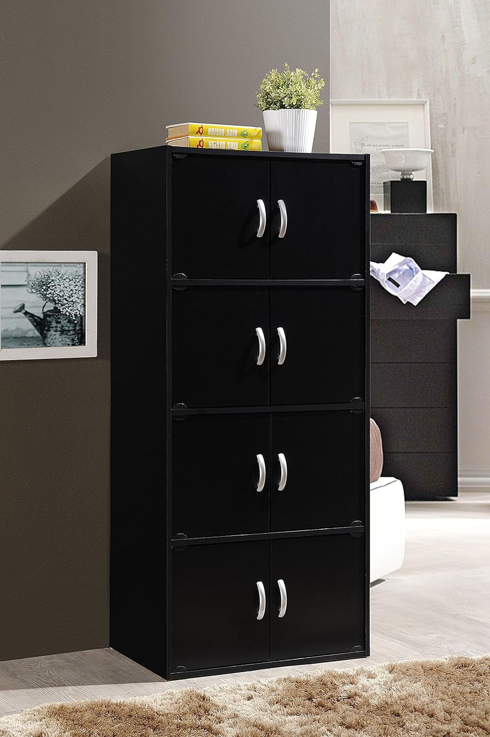 HID44 8 Door 4 Shelf Modern Wooden Heavy Duty Floor Mount Multipurpose Storage Bookcase Cabinet with Installation Hardware, Midnight