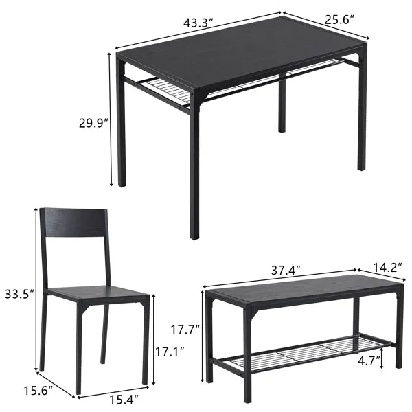 ALFRESCO Charcoal 4-Piece Dining Table Set for 4 - Includes 2 Chairs, 1 Bench, Ideal for Small Spaces