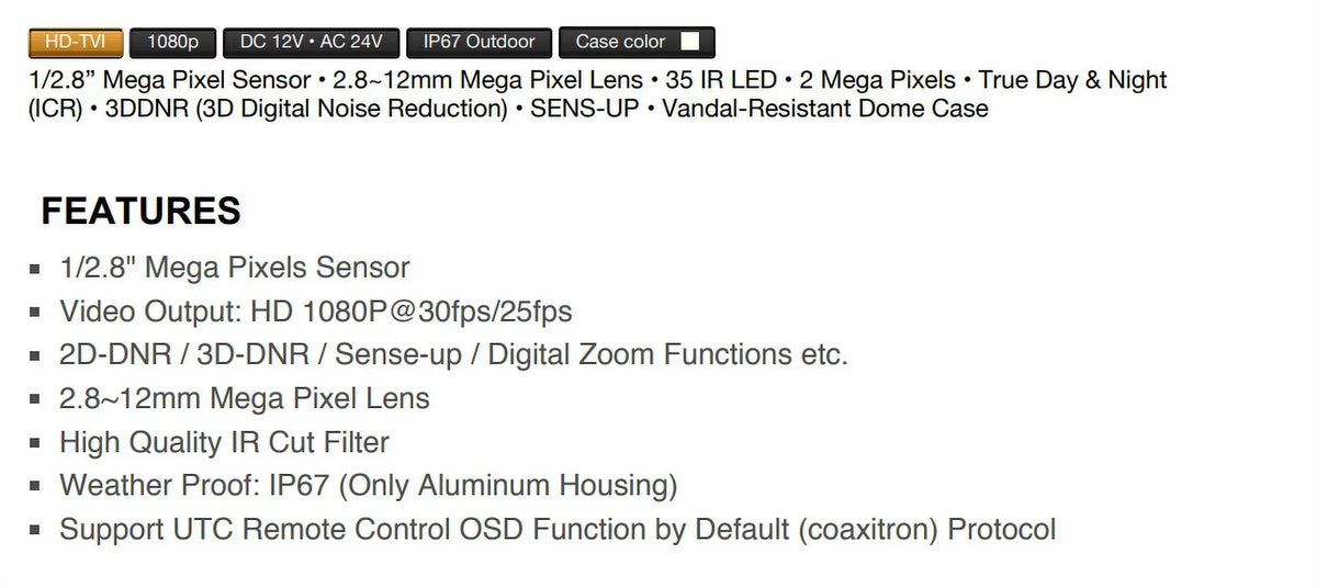 Eyemax TIV-134V-W HD-TVI 1080p IR Vandal DOME Camera 2.8-12mm, 35 IR LED Dual Power
