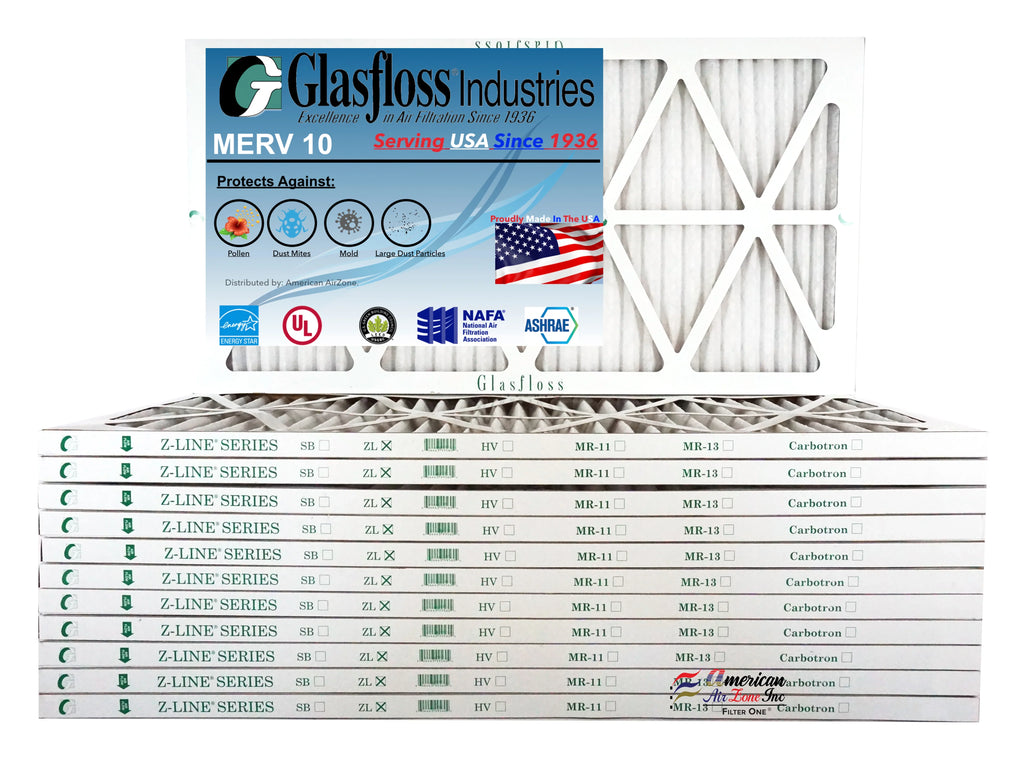 Glasfloss 20x36x1 - MERV 10 -Qty:12 - Furnace Air Filter - Made in USA (Actual Size: 19.5 x 36.5x7/8 Unit