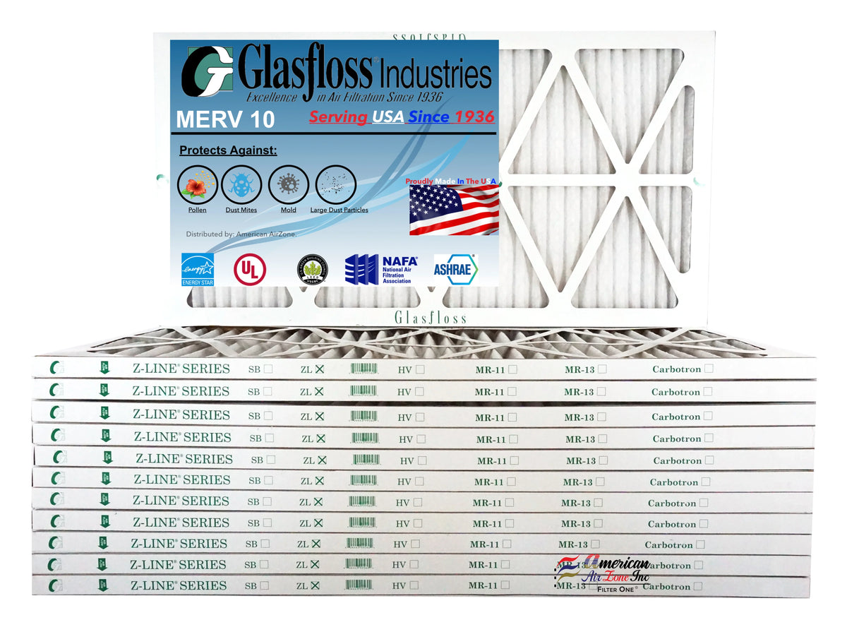 Glasfloss 20x36x1 - MERV 10 -Qty:12 - Furnace Air Filter - Made in USA (Actual Size: 19.5 x 36.5x7/8 Unit