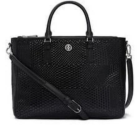 Tory Burch Robinson Double Zip Woven Leather Multi Tote Dark Leather Bag
