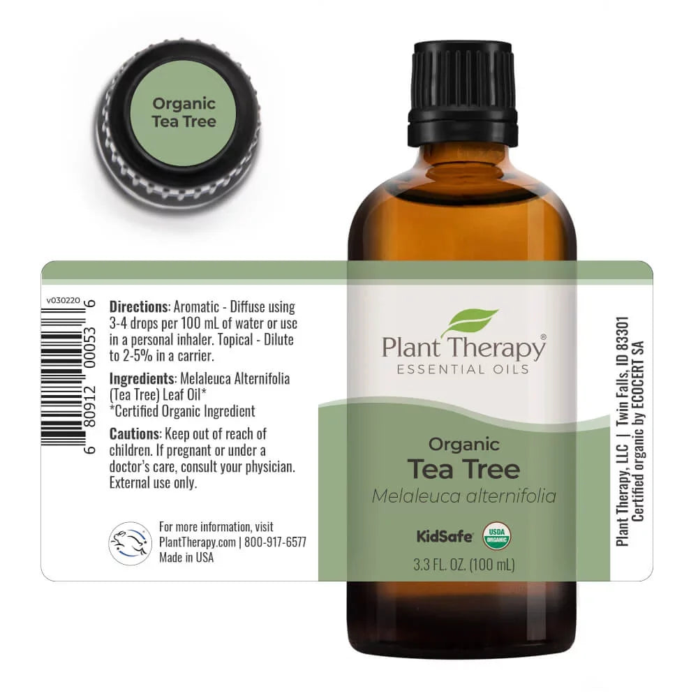 Plant Therapy Organic Tea Tree Oil (Melaleuca) 100% Pure, USDA Certified Organic, Undiluted, Natural Aromatherapy, Therapeutic Grade 100 mL (3.3 oz)