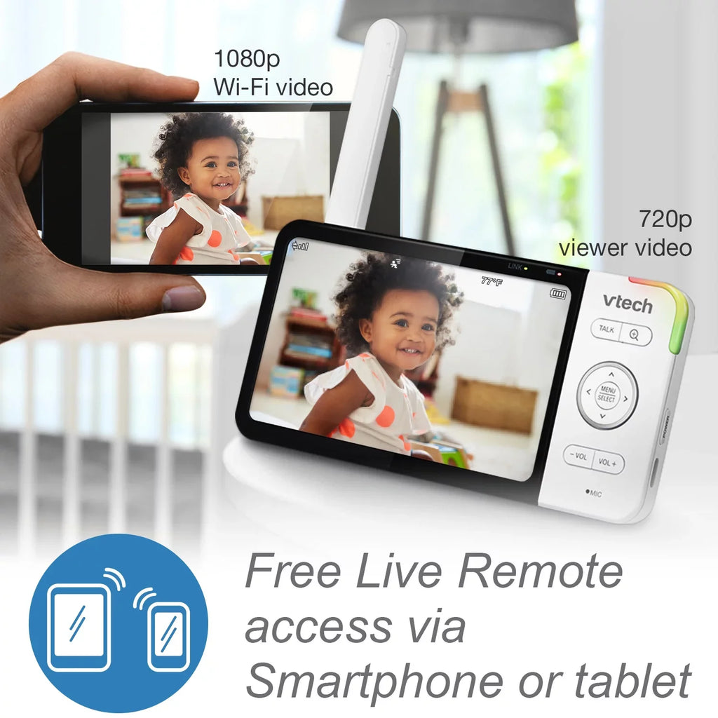 VTech Smart WiFi Video Baby Monitor with Unit High Definition Display and 1080p 360-Degree Panoramic Viewing Pan and Tilt HD Camera, RM5864HD, White