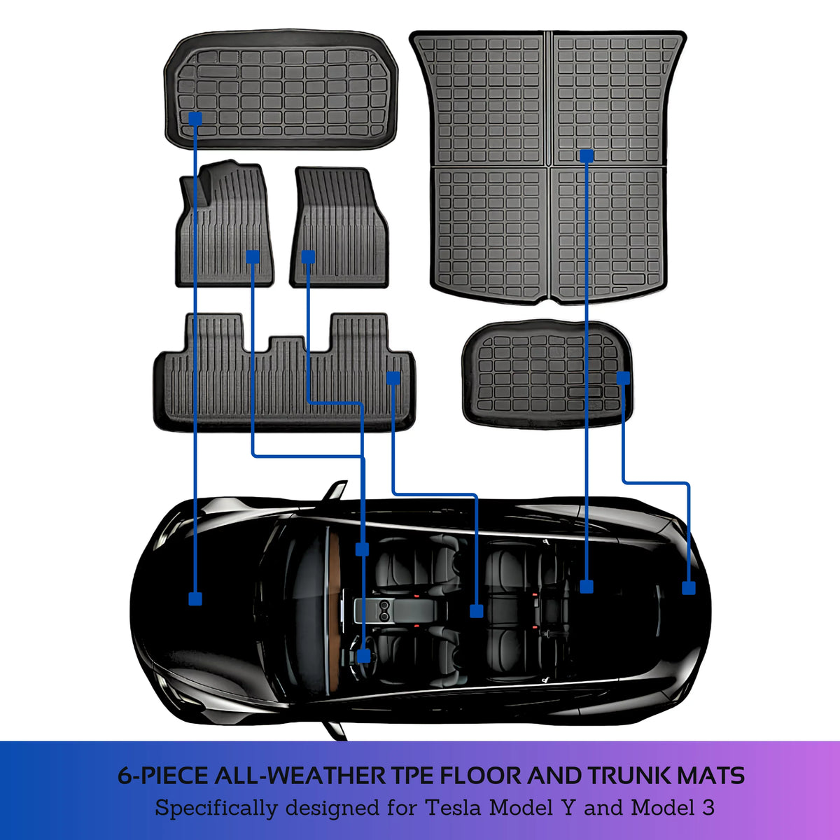 BunnyBird 6-Piece All Weather TPE Floor Mat Cargo Liner Trunk Mat for Tesla Model 3-5-Seater 2020-2023 Car Accessories