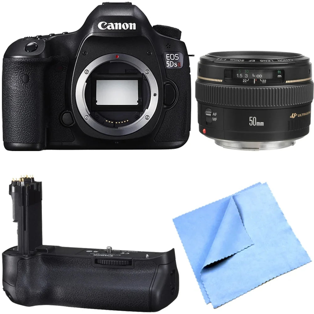 Canon EOS 5DS R 50.6MP Digital SLR Camera Telephoto Lens Bundle includes camera, 50mm telephoto lens, battery grip and micro fiber cloth