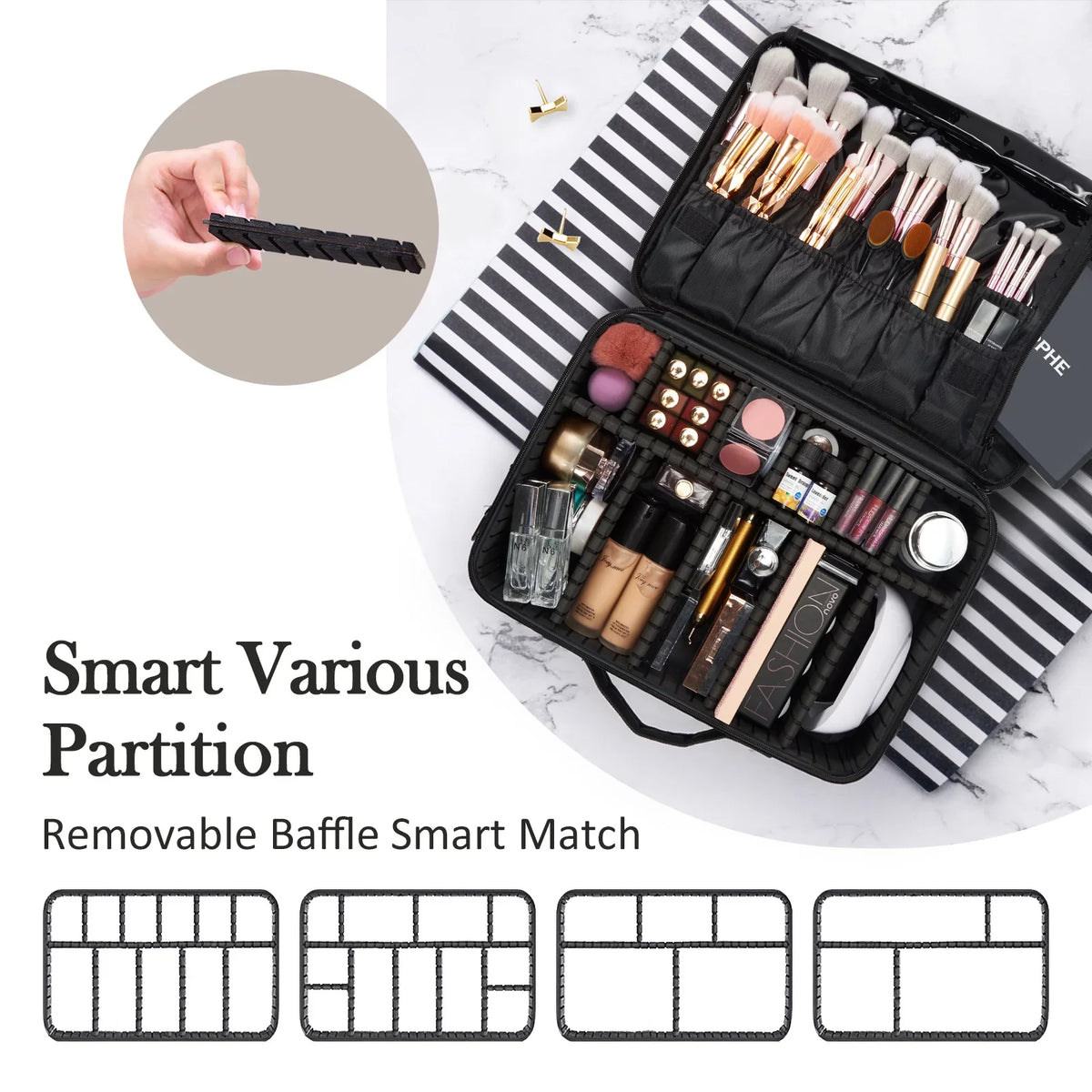 Extra Large Travel Makeup Bag Cosmetic Case Organizer Beauty Train Case with Shoulder Strap and Dividers Compartment, Dark