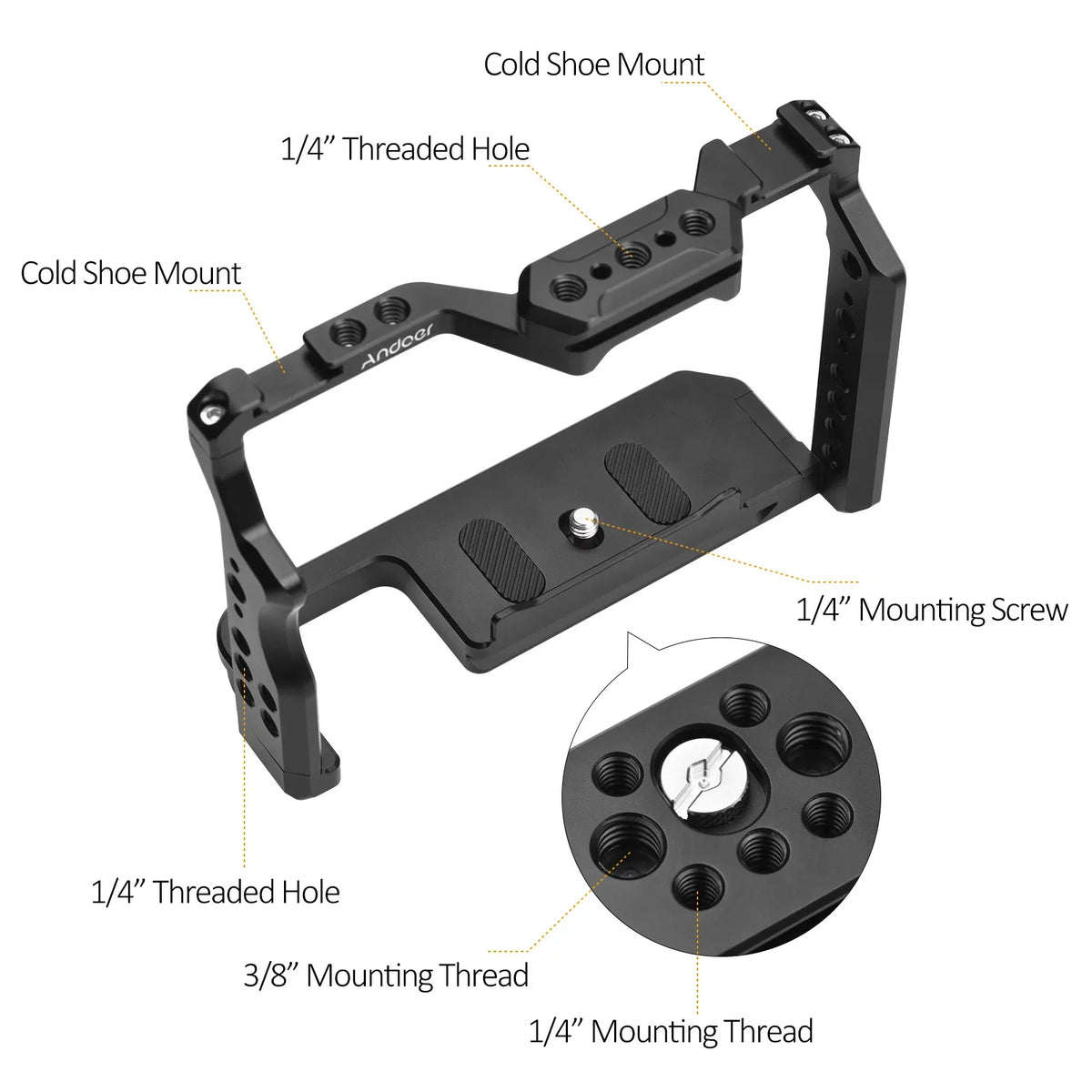 Camera Cage Aluminum Alloy Video Cage with Dual Cold Shoe Mounts Numerous 1/4 Inch Threads Replacement for Sony A7IV/ A7III/ A7II/ A7R III/ A7R II/ A7S II
