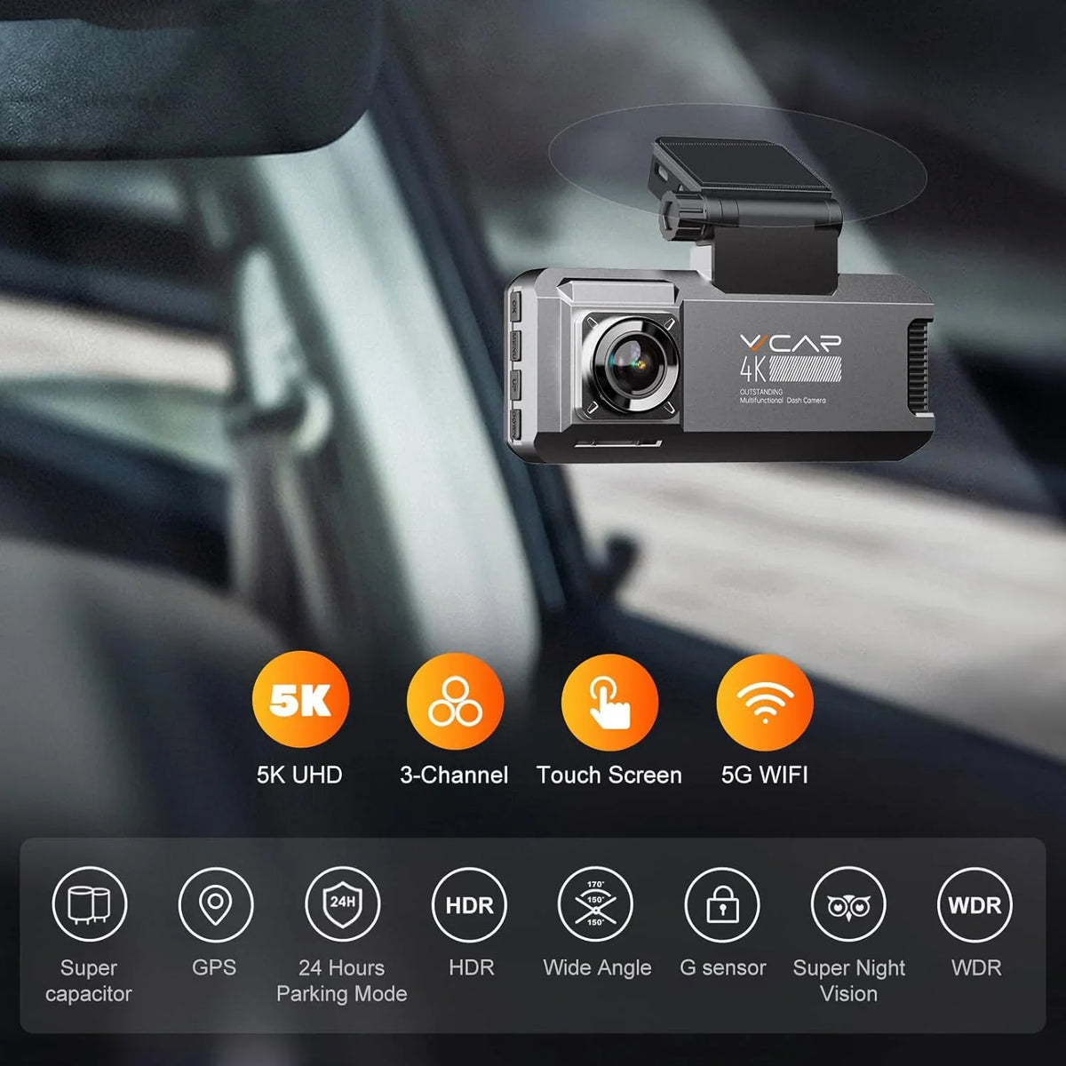 VVCAR R39 3 Channel 5K Dash Cam WiFi GPS with 64GB Card 3.99" IPS Front Inside Rear Car Dashboard Camera Recorder Parking Mode