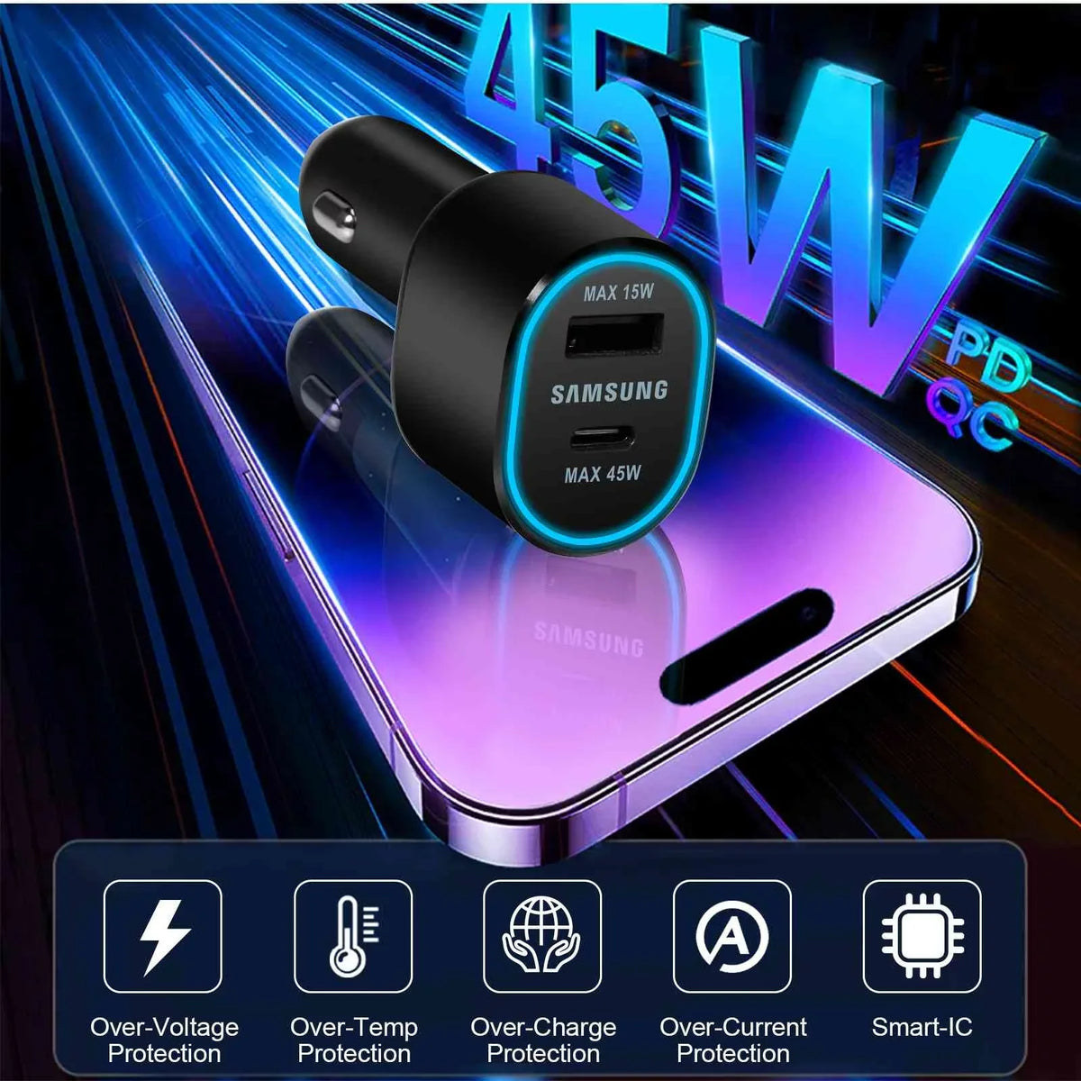 Super Fast Dual Car Charger Usb (45W+15W) Two Ports EP-L5300 Dark for Lenovo Legion Y700 (2023)