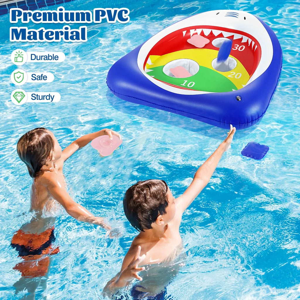 MoKo Pool Shark Ring Toss Games Toys with 8 Sandbag, Summer Inflatable Floating Toy for Kids Adults Family Party Water Carnival, Blue