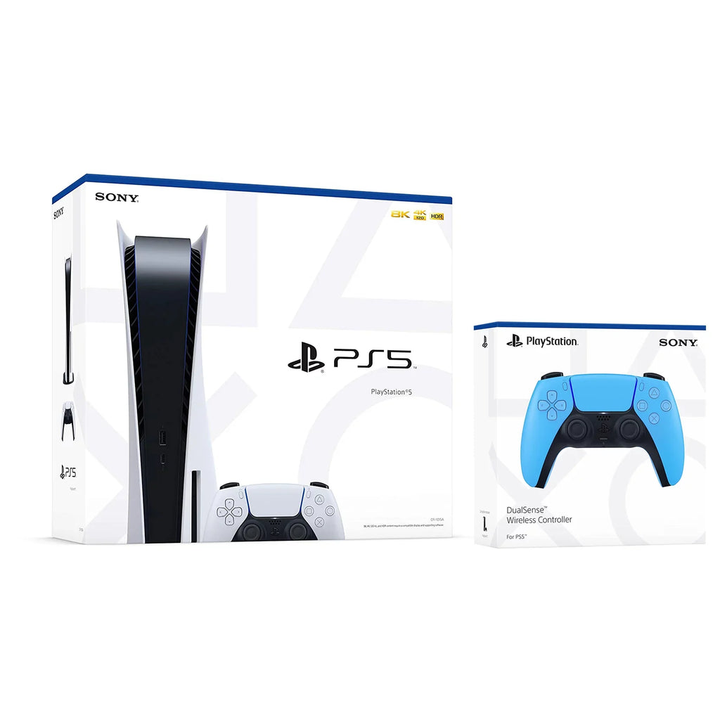 Sony Playstation 5 Disc Version (Sony PS5 Disc) with Extra Starlight Blue Controller and Onyx PULSE 3D Headset Bundle